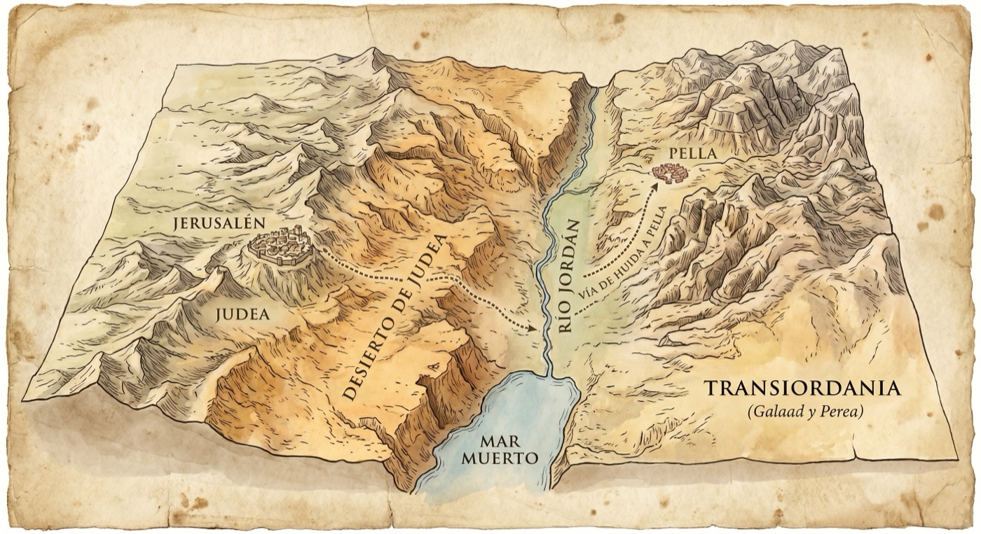 Mapa topográfico de Judea y Transjordania con la ruta de huida a Pella