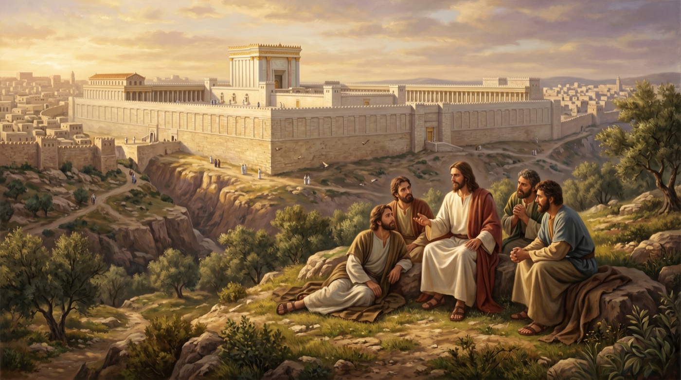 Jesús y sus discípulos sentados en el Monte de los Olivos frente al Templo